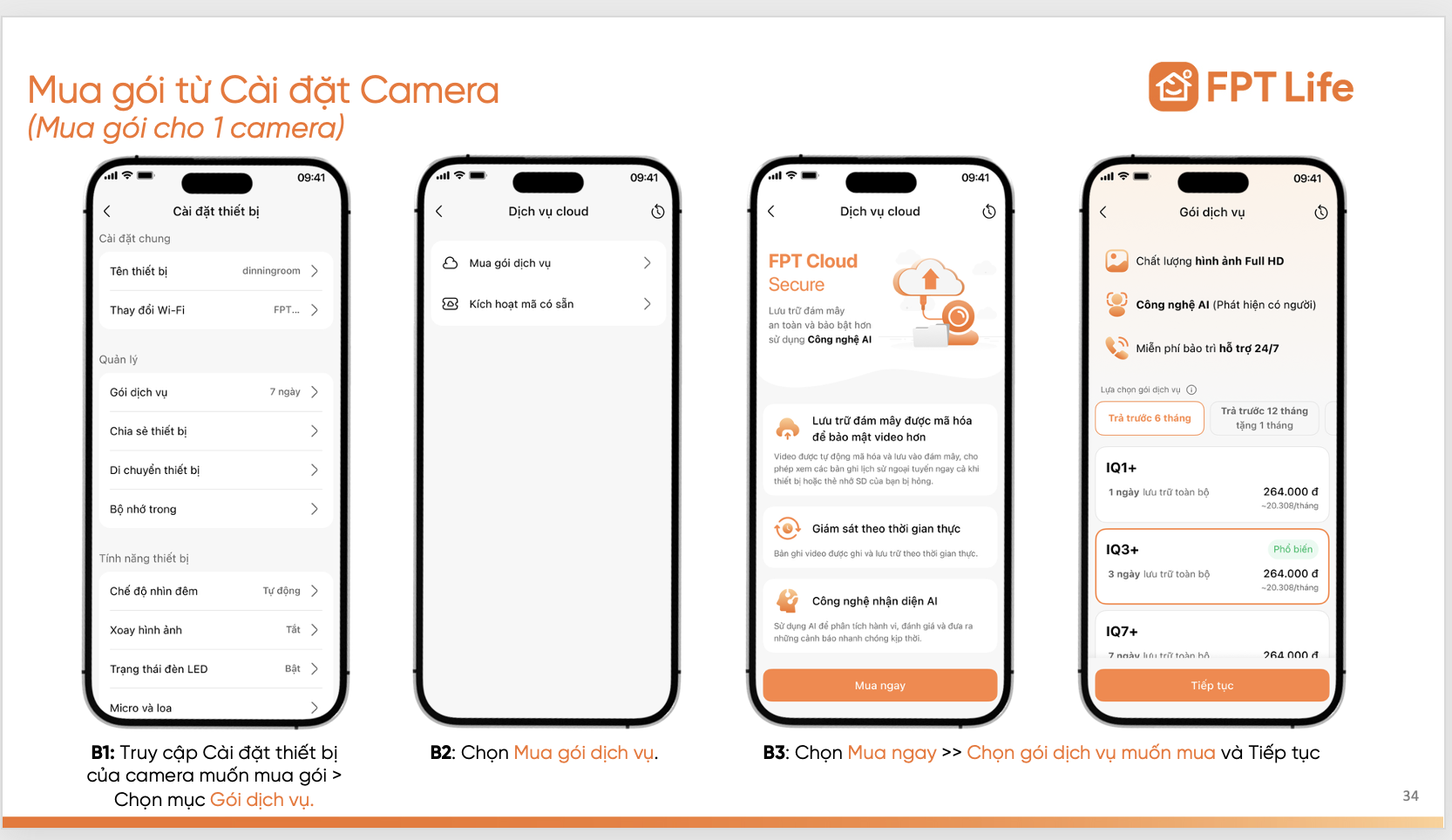 Truy cập cài đặt camera để mua gói